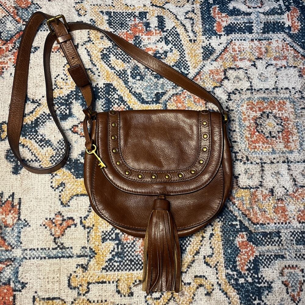 Fossil EMI Brown Leather Studded Saddlebag Tassel Crossbody Purse